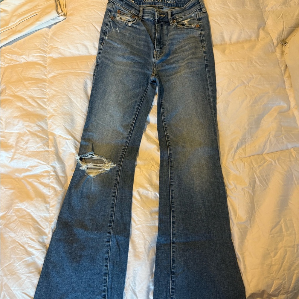 American Eagle Outfitters Distressed Blue Flare Jeans
